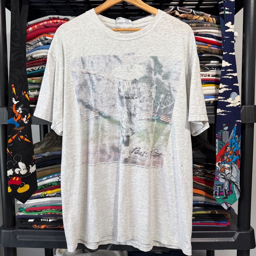 90s Grey Babe Ruth Baseball Hall Of Fame Graphic T-Shirt Large Light Distressing